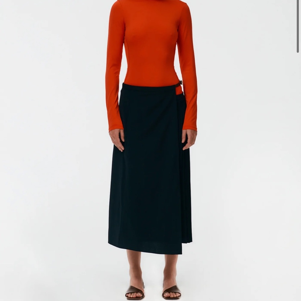 Tibi Tropical Wool Pleated Leather Wrap Skirt